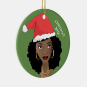 Zwarte vrouw, rode kerstmuts, huidig jaar, groen keramisch ornament (Rechts)