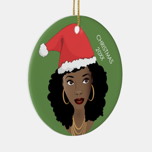 Zwarte vrouw, rode kerstmuts, huidig jaar, groen keramisch ornament (Rechts)