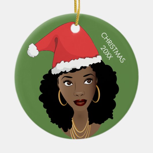 Zwarte vrouw, rode kerstmuts, huidig jaar, groen keramisch ornament (Voorkant)