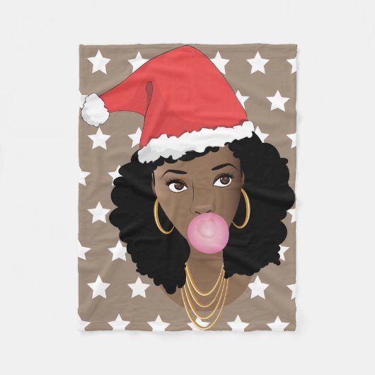 Zwarte Vrouw, Rode Santa Hoed, Bubblegum, Witte St Fleece Deken (Voorkant)
