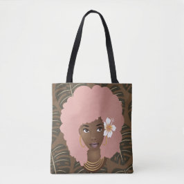 Zwarte Vrouw, Roze Afro, Bladpatroon, Bruin Tote Bag