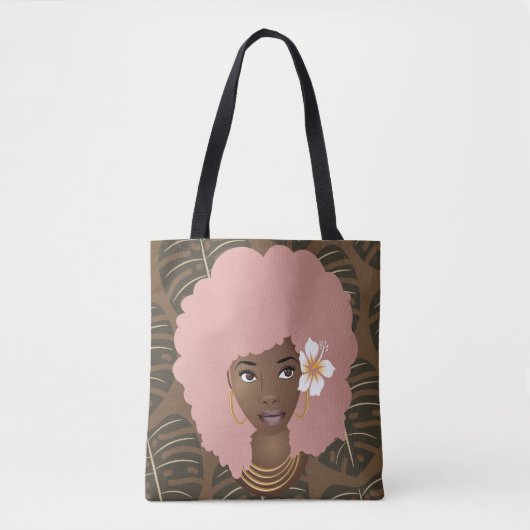 Zwarte Vrouw, Roze Afro, Bladpatroon, Bruin Tote Bag (Voorkant)
