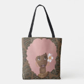 Zwarte Vrouw, Roze Afro, Bladpatroon, Bruin Tote Bag (Achterkant)