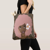 Zwarte Vrouw, Roze Afro, Bladpatroon, Bruin Tote Bag (Dichtbij)
