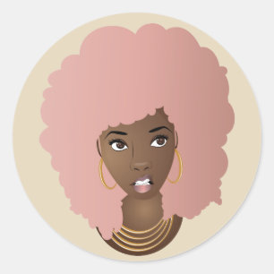Zwarte Vrouw, Roze Afro met geïrriteerde uitdrukki Ronde Sticker