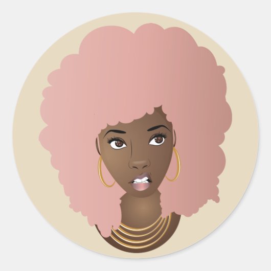 Zwarte Vrouw, Roze Afro met geïrriteerde uitdrukki Ronde Sticker (Voorkant)