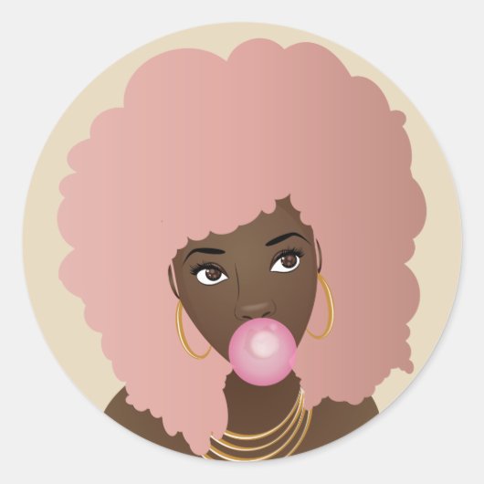 Zwarte Vrouw, Roze Afro, Popping Pink Bubblegum Ronde Sticker (Voorkant)