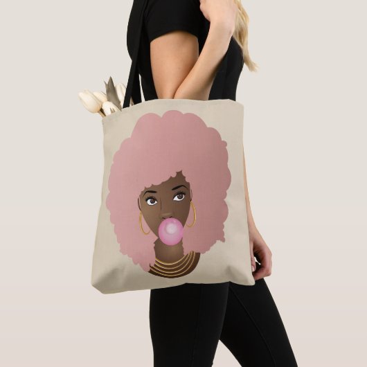 Zwarte Vrouw, Roze Afro, Popping Pink Bubblegum Tote Bag (Dichtbij)