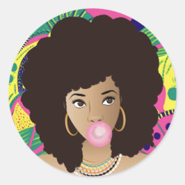 Zwarte Vrouw, Roze Bubblegum, Kleurrijk Ronde Sticker