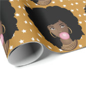 Zwarte Vrouw, Roze Bubblegum, Witte Sterren, Goud Cadeaupapier (Rol Hoek)