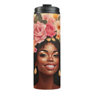Zwarte vrouw rozen & zonnebloemen krullend afro si thermosbeker