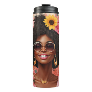 Zwarte vrouw rozen & zonnebloemen krullend afro si thermosbeker