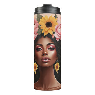 Zwarte vrouw rozen & zonnebloemen krullend afro si thermosbeker