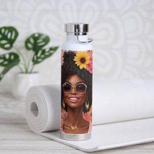 Zwarte vrouw rozen & zonnebloemen krullend afro si waterfles