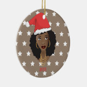 Zwarte Vrouw, Santa Hoed, Wit Sterren Patroon, Bru Keramisch Ornament (Rechts)