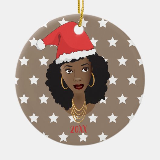 Zwarte Vrouw, Santa Hoed, Wit Sterren Patroon, Bru Keramisch Ornament (Voorkant)