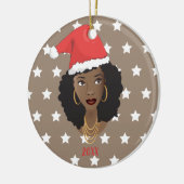 Zwarte Vrouw, Santa Hoed, Wit Sterren Patroon, Bru Keramisch Ornament (Links)