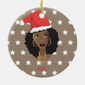 Zwarte Vrouw, Santa Hoed, Wit Sterren Patroon, Bru Keramisch Ornament (Achterkant)