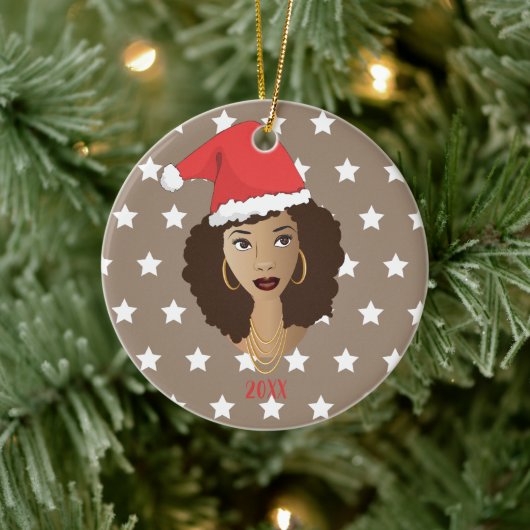 Zwarte Vrouw, Santa Hoed, Wit Sterren Patroon, Bru Keramisch Ornament (Boom)