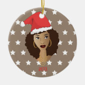 Zwarte Vrouw, Santa Hoed, Wit Sterren Patroon, Bru Keramisch Ornament (Voorkant)