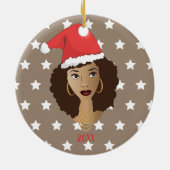Zwarte Vrouw, Santa Hoed, Wit Sterren Patroon, Bru Keramisch Ornament (Achterkant)