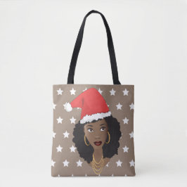 Zwarte Vrouw, Santa Hoed, Wit Sterren Patroon, Bru Tote Bag