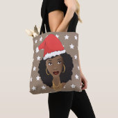 Zwarte Vrouw, Santa Hoed, Wit Sterren Patroon, Bru Tote Bag (Dichtbij)