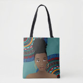 Zwarte vrouw, Top Knot, Tribal geïnspireerd, Blauw Tote Bag (Voorkant)