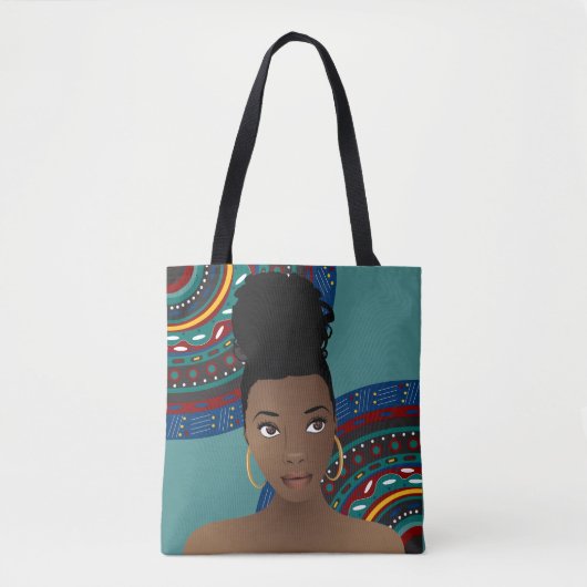 Zwarte vrouw, Top Knot, Tribal geïnspireerd, Blauw Tote Bag (Voorkant)