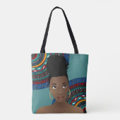 Zwarte vrouw, Top Knot, Tribal geïnspireerd, Blauw Tote Bag (Achterkant)