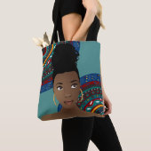 Zwarte vrouw, Top Knot, Tribal geïnspireerd, Blauw Tote Bag (Dichtbij)