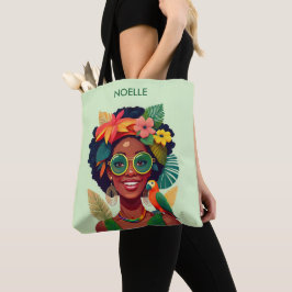 Zwarte vrouw, tropische bloemen en papegaai tote bag