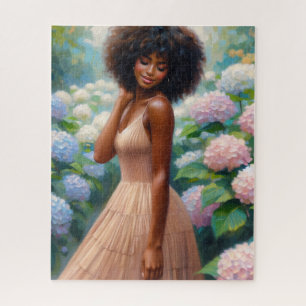 Zwarte vrouw tussen hortensia bloemen legpuzzel