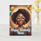 Zwarte vrouw viert verjaardag ballonnen kaart (Gele Bloem)
