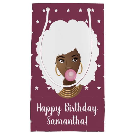 Zwarte Vrouw Witte Afro, Bubblegum, Sterren, Paars Klein Cadeauzakje (Voorkant)