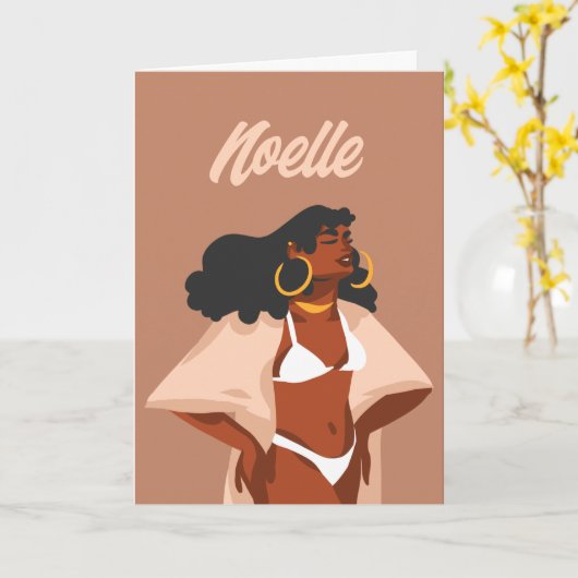 Zwarte vrouw, witte bikini blanco begroeting kaart (Gele Bloem)