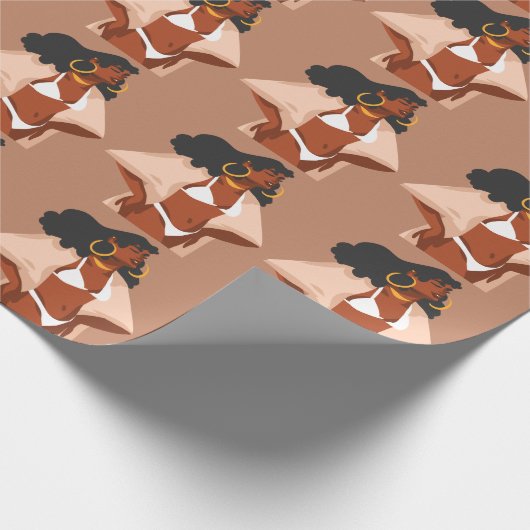 Zwarte Vrouw, witte Bikini, keizer klaar, bruin Cadeaupapier (Hoek)