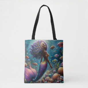 Zwarte Vrouw Zeemeermin met Paarse staart onder wa Tote Bag