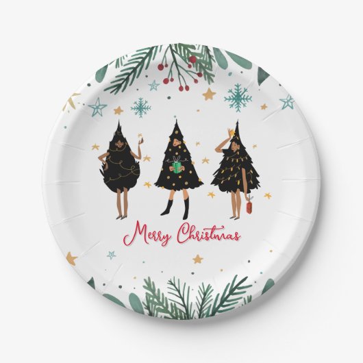 Zwarte vrouwen gekleed in de Zwarte kerstboomfeest Papieren Bordje (Voorkant)