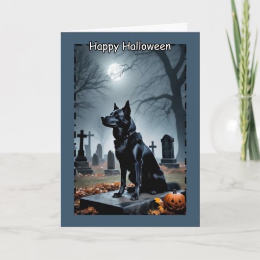 Zwarte Waakhond op Begraafplaats met Halloween Feestdagen Kaart (Voorkant)
