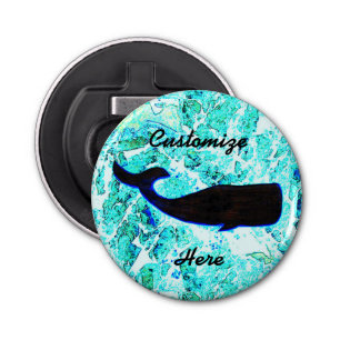zwarte walvis op blauw button flesopener