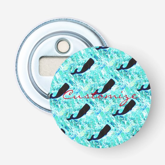 zwarte walvispeul op blauw button flesopener (Voorkant)