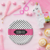 Zwarte wandelpunten en roze strepen, aangepast bor papieren bordje (Feest)