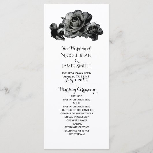 Zwarte Watercolor Rozen Elegant Trouwprogramma Programmakaart (Voorkant)