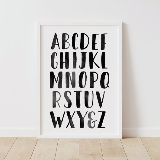 Zwarte Waterverf Alphabet ABC Nursery Decor Poster