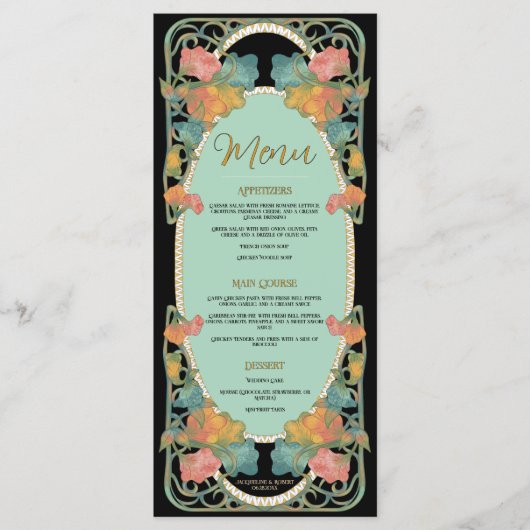 Zwarte Waterverf Art Nouveau Wedding Menu (Voorkant)
