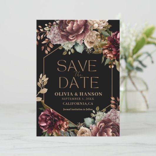 Zwarte waterverf bloemen Fotoval Bruiloftszwart Save The Date (Staand voorkant)