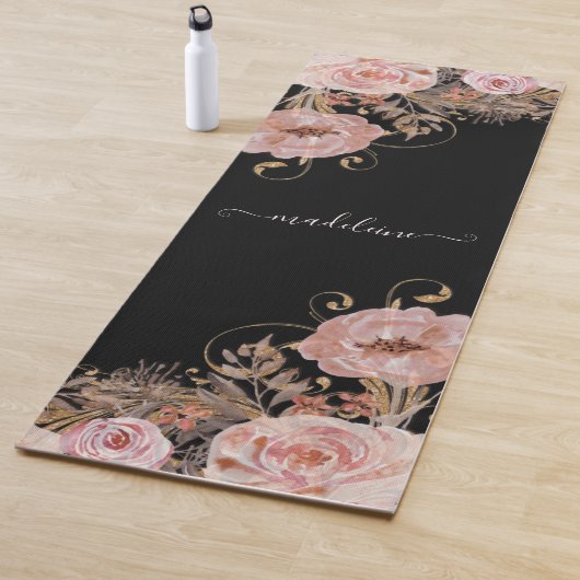 Zwarte Waterverf Blush Rozen Floral Script Name Yogamat (In situ)