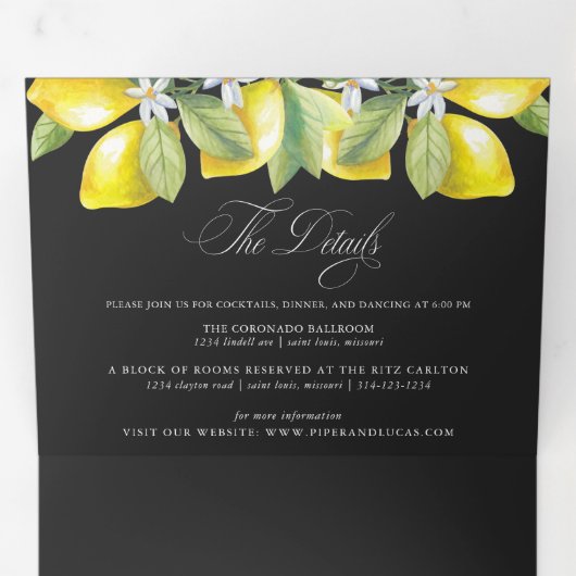 Zwarte Waterverf Citrus Citrus Lemon Blossom Bruil Drieluik Uitnodiging (Binnenzijde eerst)