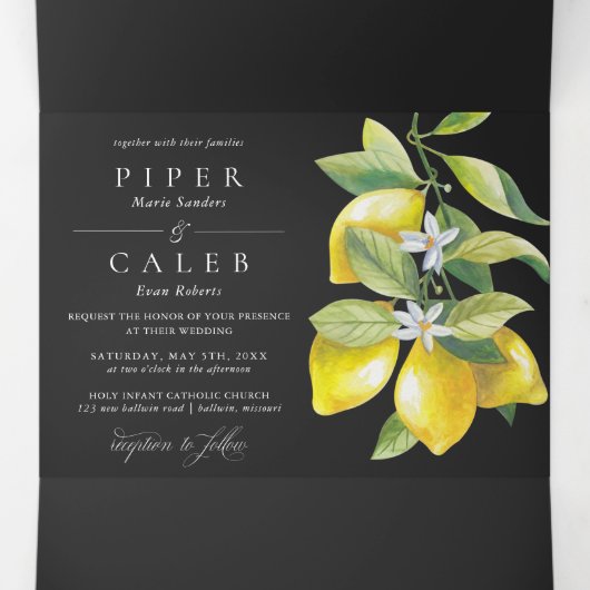Zwarte Waterverf Citrus Citrus Lemon Blossom Bruil Drieluik Uitnodiging (Binnenkant midden)